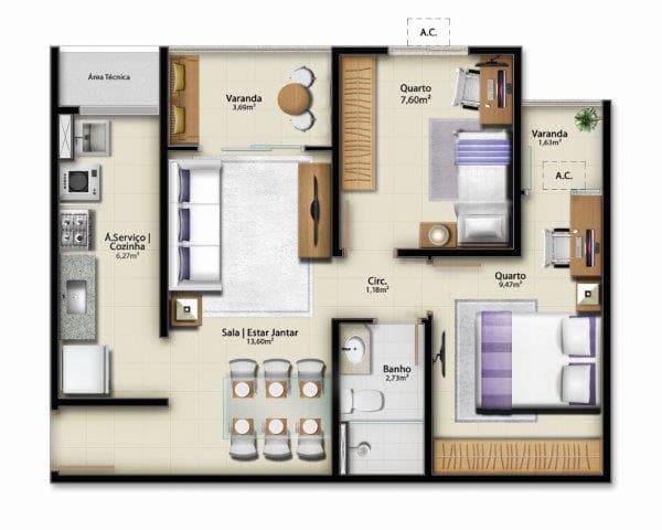 <p>2 Qtos – 54,40m² – Apto 05 Torre A / Apto 09 Torre B</p>