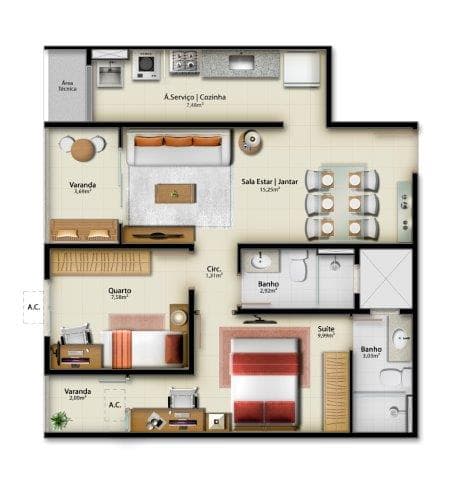 <p>2 Qtos com suíte – 62,23m² – Apto 02 e 03 Torre A / Apto 02 e 03 Torre B</p>