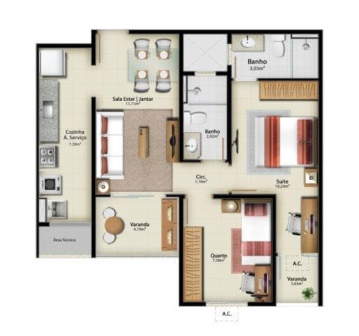 <p>2 Qtos com suíte – 57,84m² – Apto 08 Torre A / Apto 06 Torre B</p>