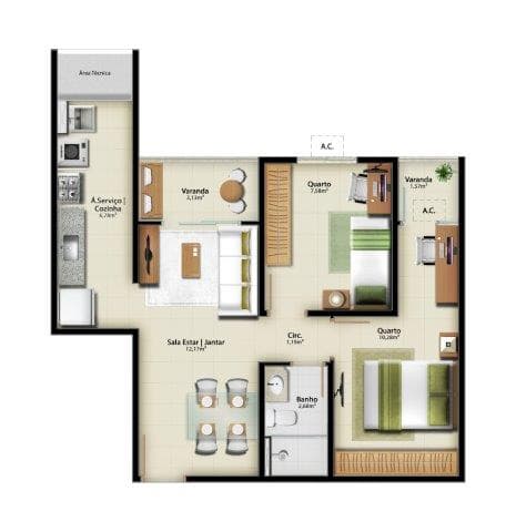 <p>2 Qtos – 53,39m² – Apto 06 Torre A / Apto 08 Torre B</p>